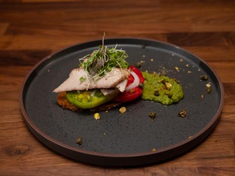 Tuna Confit with Heirloom Tomato Toast and Celery, Lovage and Pistachio Purée