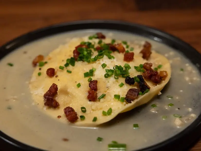 Recruit Stacey Lopers Appetizer dish, Ravioli Carbonara, as seen on Worst Cooks in America, Season 27, Spoiled Rotten