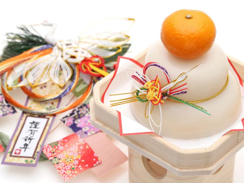 Traditional Japanese new year decoration Kagamimochi, Japanese word of this photography means "happy new year"