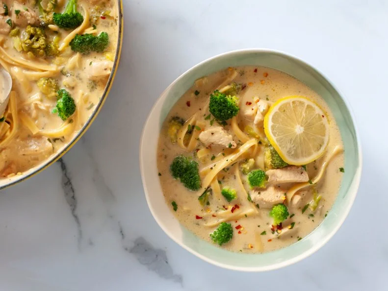 Close-up of Creamy Chicken Fettucini Soup, as seen on The Pioneer Woman, Season 33.