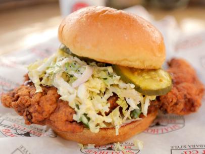 The Fried Chicken Sandwich served at Shalhoob's Funk Zone Patio in Santa Barbara, CA, as seen on Diners, Drive-Ins and Dives, Season 37.