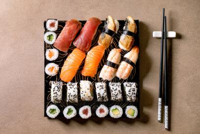 Sushi Roll Set Dark Background Traditional Food Concept Stock