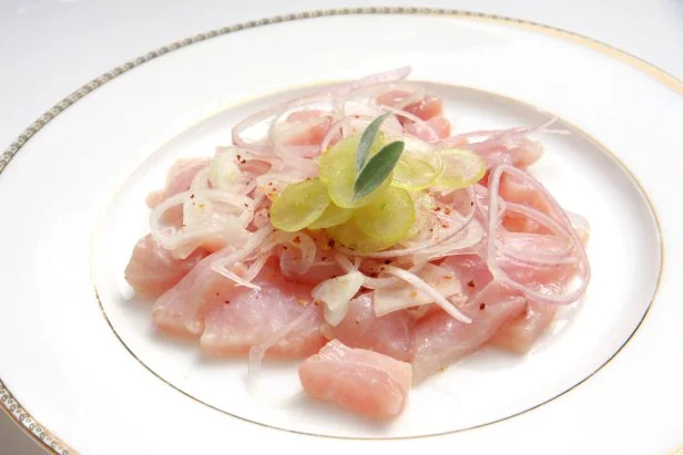 Yellowtail Carpaccio or ceviche with grape