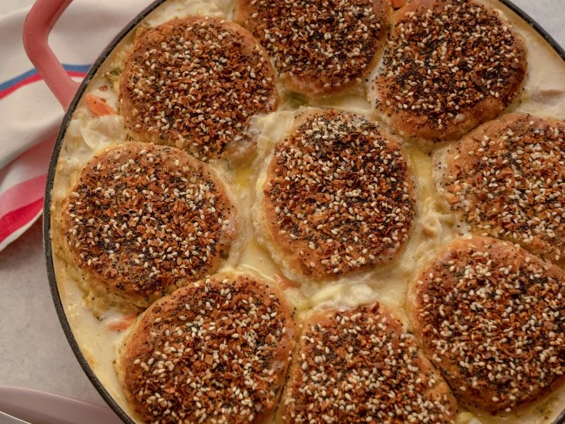 Beauty shot of Molly Yeh's Everything Bagel Chicken and Biscuits as seen on Girl Meets Farm, Season 12.