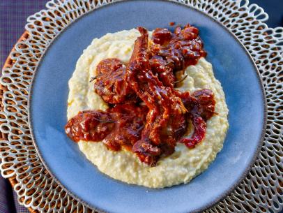 Christian Petroni’s Licorice Braised Rabbit with Chiles, Rosemary and Soft Gorgonzola Polenta, as seen on Guy's Ranch Kitchen Season 6.