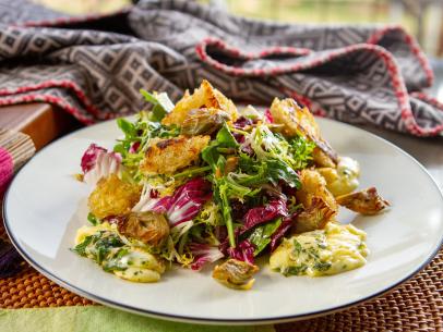 Traci Des Jardins’s Warm Bread Salad with Roasted Baby Artichokes and Marinated Crescenza, as seen on Guy's Ranch Kitchen Season 6.