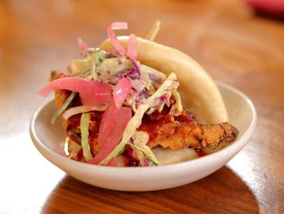 The Korean Fried Chicken Bao as served at Secret Bao in Santa Barbara, CA, as seen on Diners, Drive-Ins and Dives; Season 37.