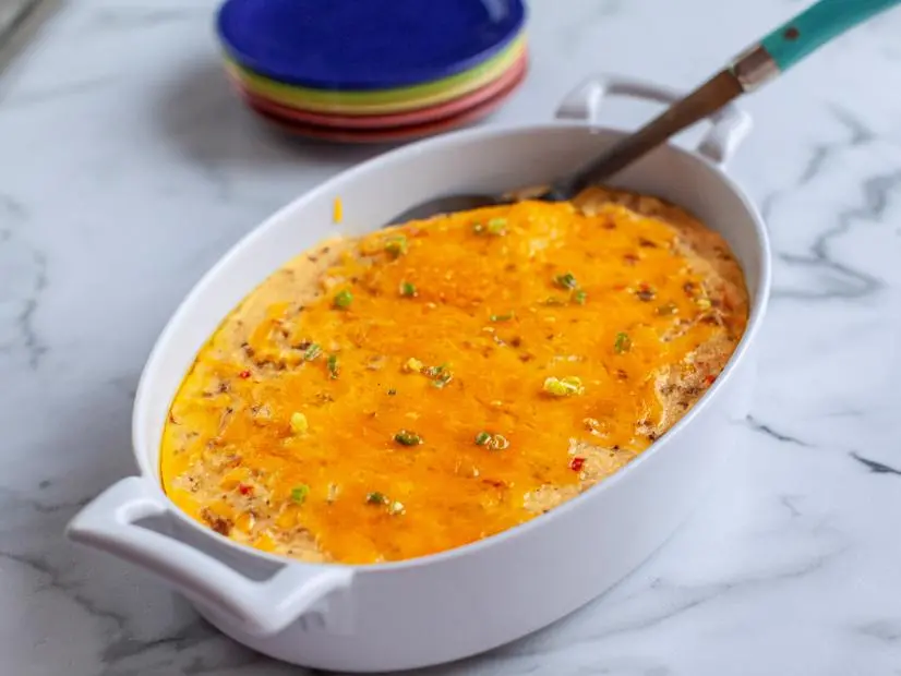 Close-up of Sausage & Pepper Grits Bake, as seen on The Pioneer Woman, Season 33.