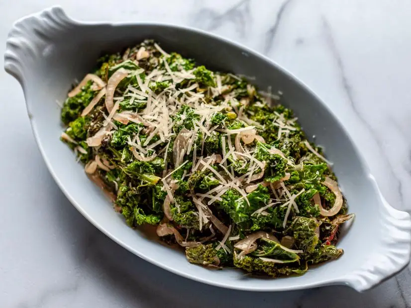 Close-up of Braised Lighter Greens, as seen on The Pioneer Woman, season 33.