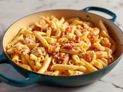 Close-up of Garlic Butter Shrimp Penne, as seen on The Pioneer Woman, season 33.
