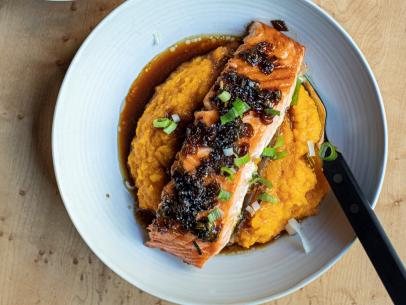Close-up of Citrus Salmon and Mashed Butternut Squash, as seen on Be My Guest with Ina Garten, season 3.