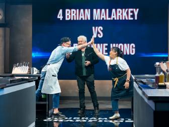 Host Guy Fieri introduces Battle 3, West A Matchup 1, featuring contestants Brian Malarkey and Lee Anne Wong, as seen on Tournament of Champions, Season 4.