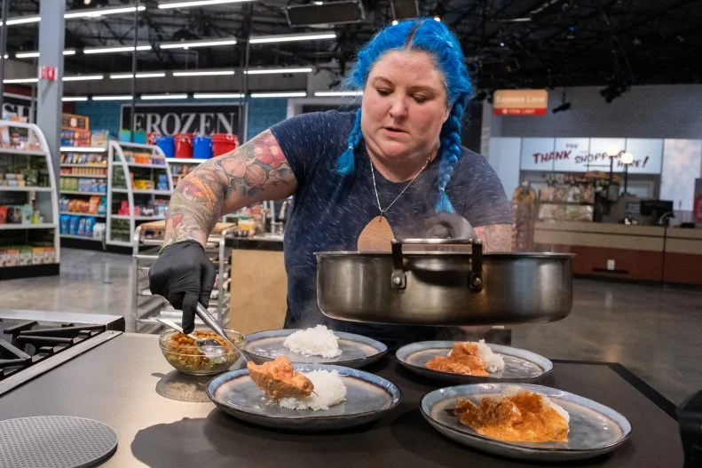 Chef Chelsea Sargent Lira plating her Game 2 dish, as seen on Guy's Grocery Games Season 28