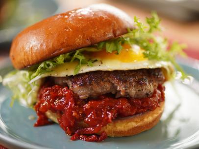 Geoffrey Zakarian's Egg Sandwich with Tomato Jam, Truffle Cheese, and Sausage Beauty, as seen on The Kitchen, Season 33.