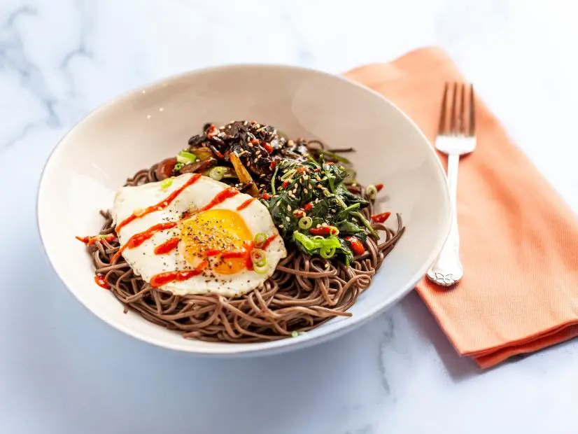 Close-up of Teriyaki Mushroom & Egg Noodle Bowls, as seen on The Pioneer Woman, Season 33.