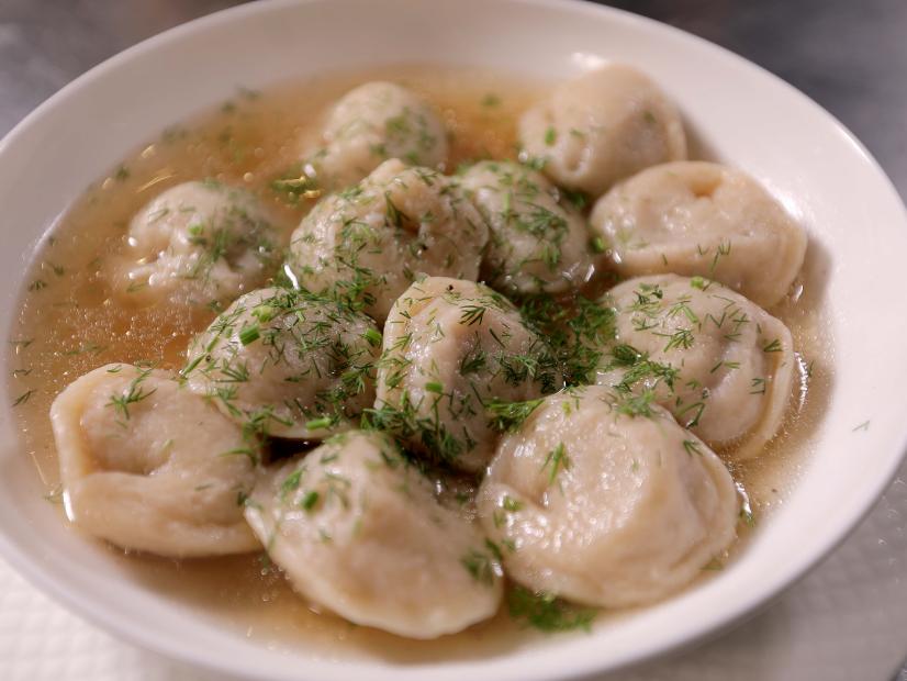 Pelmeni, a traditional Russian dish, as served by Aloynka Russian Cuisine, located in Boise, Idaho, as seen on Diners, Drive-Ins and Dives, Season 37.