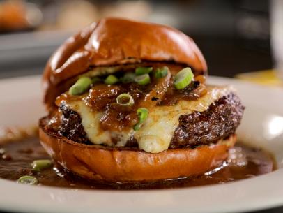 The French Onion Soup Burger, as served by Vagabond Kitchen, located in Atlantic City, New Jersey, as seen on Triple-D Nation, Season 4.
