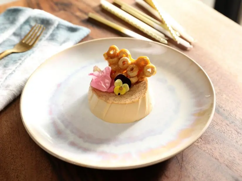 Earl Gray Panna Cotta with Cereal Brittle as seen on Valerie's Home Cooking, Season 14.