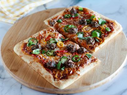 Close-up of Sausage and Peppers Quarter Sheet Pan Pizza