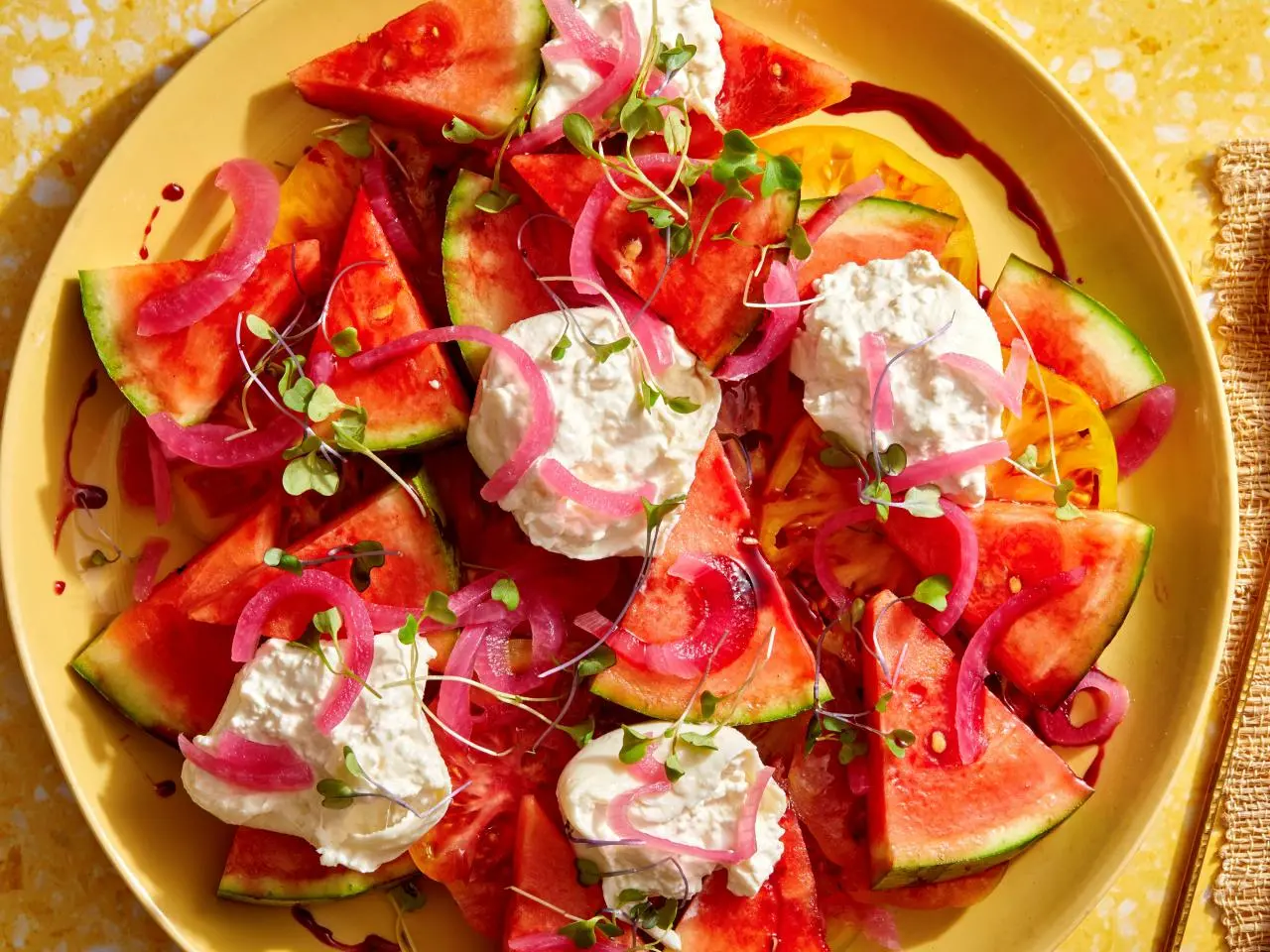 Vibrant Summer Watermelon & Tomato Salad with Hibiscus Gastrique