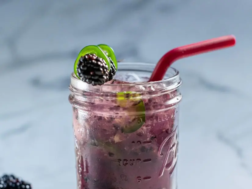 Close-up of Jalapeno Blackberry Margarita, as seen on The Pioneer Woman, season 34.