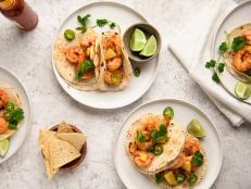 Flat lay of Shrimp tacos on table