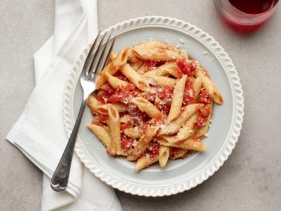 Alex Guarnaschelli's Classic Penne Arrabiata for the Dinner Party on a Dime episode of The Kitchen, as seen on Food Network.