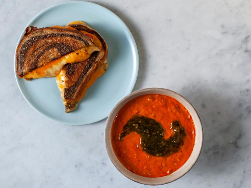 Close-up of Grilled Cheese and Broiled Tomato Soup, as seen on The Pioneer Woman, season 34.