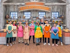 Contestants Ally Loewy, Kristina Krause, John Boyle, Lisa Lu, Yohann Le Bescond, Anrika Martin, Kyle Davis, Carlos Pena, Alyssa Alcantara and Zoe Peckich, portrait, as seen on Summer Baking Championship, Season 1.
