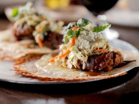 Braised Carnitas with Spiced Cole Slaw, Blue Cheese and BBQ Sauce