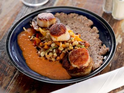 Seared Scallops with Boiled Peanut Succotash as Served at Sundae Cafe, located in Tybee Island, Georgia, as seen on Diners Drive-Ins and Dives, Season 37.
