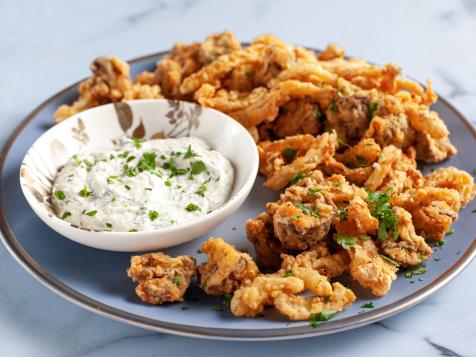 Fried Mushrooms and Onions with Lemon Dill Cream