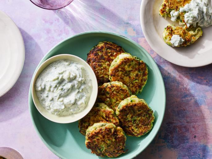 ZucchiniFeta Fritters with Yogurt Dipping Sauce Recipe Food Network
