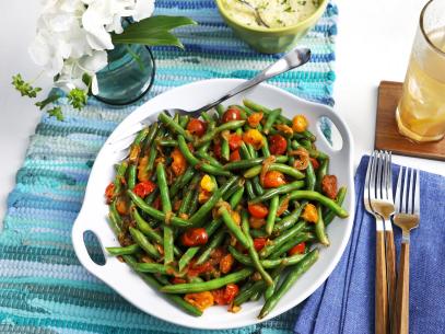 Miss Kardea Brown's Green Beans with Cherry Tomatoes and Onions, seen on Delicious Miss Brown, Season 8.
