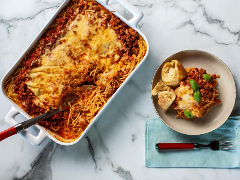 Close-up of 3 Sauce Baked Spaghetti, as seen on The Pioneer Woman, season 34.