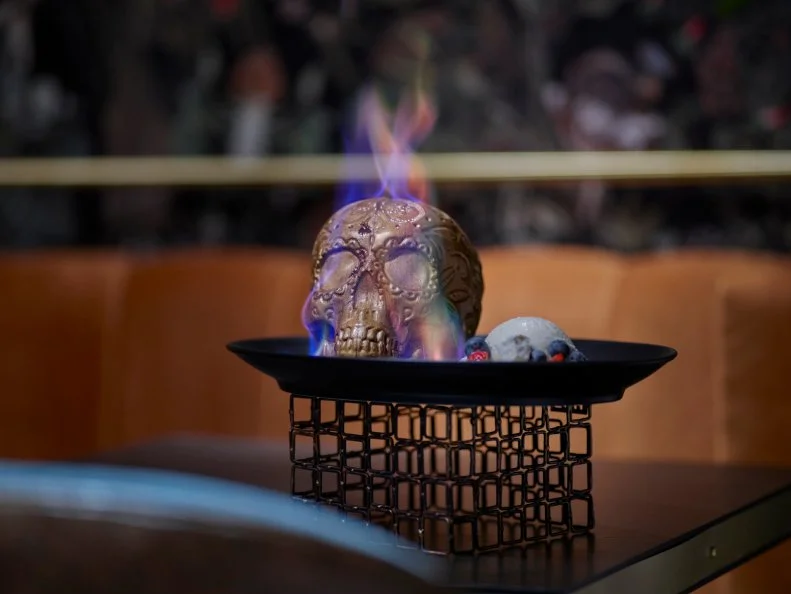 Over-the-Top treat from NEVADA. The Flaming Skull. Inside this Día de los Muertos treat at Chica in Las Vegas is a scary-good chocolate lava cake and horchata ice cream.