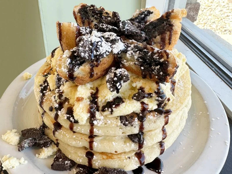 Over-the-Top treat from NEW JERSEY. Fried Oreo Cheesecake Pancakes. This favorite at the Brownstone Pancake Factory chain is more dessert than breakfast!