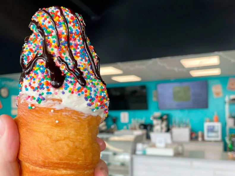 Over-the-Top treat from WYOMING. The Powderhorn. Customers definitely prefer a cone when it’s a made from a doughnut at Glazed ’N Confused in Sheridan.