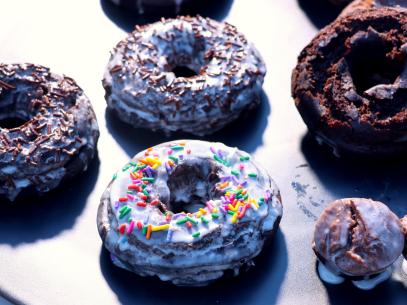 Kyle's Chocolate Cake Donuts, as seen on Symon's Dinners Cooking Out, Season 4.
