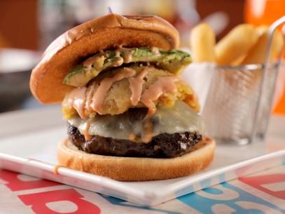 Mofongo Burger as served at Chazito's Latin Cuisine, located in Pooler, Georgia, as seen on Diners Drive-Ins and Dives, Season 37.
