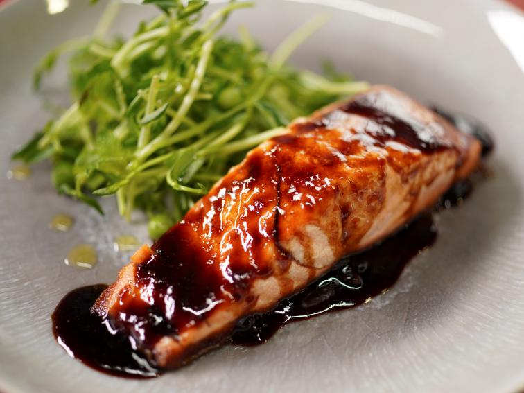 Salmon with Balsamic ApricotGinger Marmalade Glaze and Warm Pea Salad