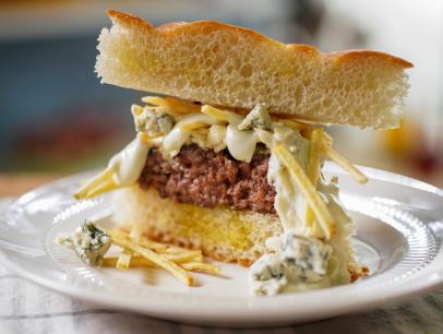 Katie Lee Biegel's Blue Cheese Fondue Burger With Crunchy Potato Sticks Beauty, as seen on The Kitchen, Season 34.