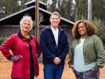 Hosts Bobby Flay, Anne Burrell and Sunny Anderson, as seen on BBQ Brawl, Season 4