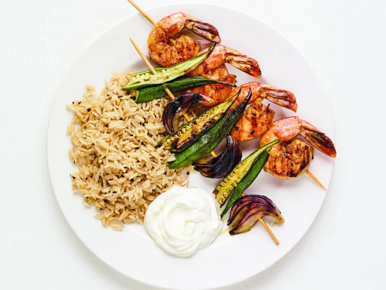 CURRIED GRILLED SHRIMP AND OKRA. Seafood, shellfish.
