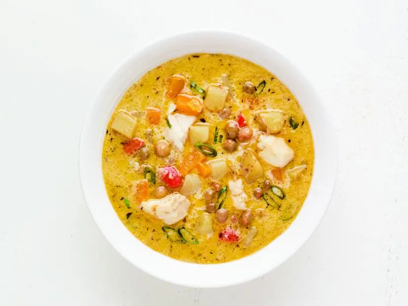 SPICY JERK FISH CHOWDER. Seafood\, soup.