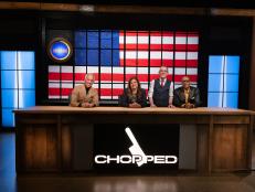 Host Ted Allen, Judges  Alex Guarnaschelli, Geoffrey Zakarian and Gregory Gourdet, as seen on Chopped, Season 53