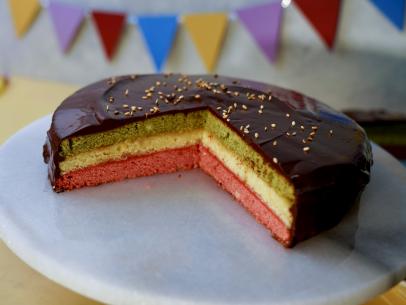 Beauty shot of Molly Yeh's Matcha, Red Bean and Almond Rainbow Cookie Cake, as seen on Girl Meets Farm, Season 13.