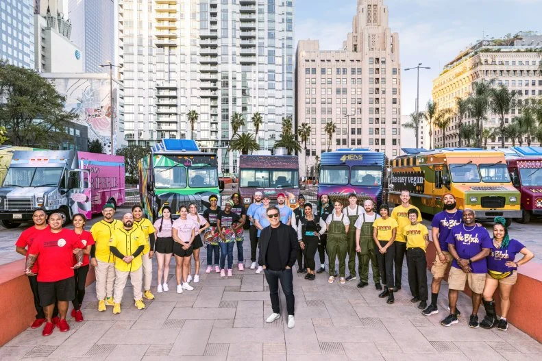 The Cast of The Great food Truck Race (left to right: Da Bald Guy, D’Pura Cepa, Lisa's Creperie, 2 Girls Jamaican Tacos, Paisani, 4 Hens Creole, The Easy Vegan, Khana, and The Block, as seen on The Great Food Truck Race, Season 16.