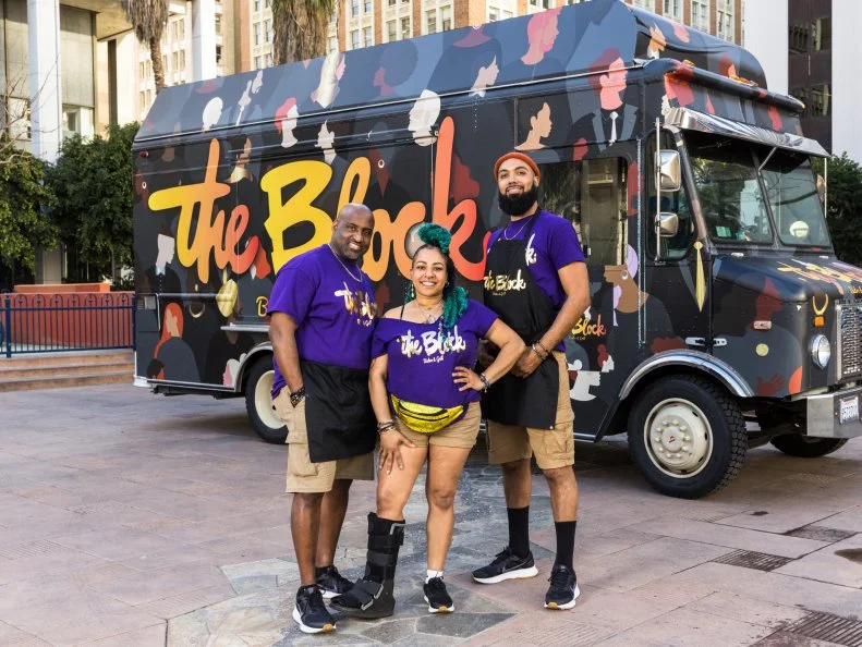 The Block: Terry Anthony (Head Chef), Carl Harris (Prep), Crystal Kilgore (Hype Person), as seen on The Great Food Truck Race, Season 16.