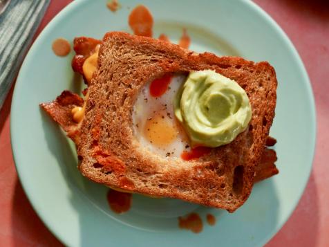 Grilled Bacon, Egg and Cheese in a Basket with Avocado Dip